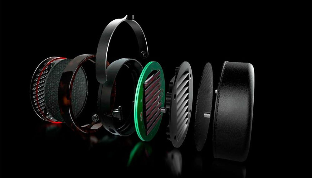 View of Audeze LCD-5 headphones with planar magnetic driver. 