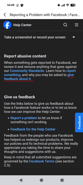 Selecting "Give feedback about it" in Facebook Help Center.