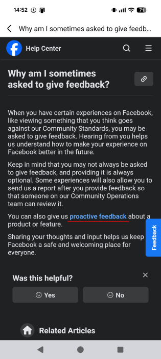 Opting for "Proactive feedback" in Facebook Help Center.