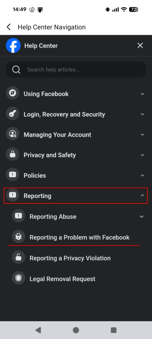 Going to "Reporting" in Facebook Help Center.