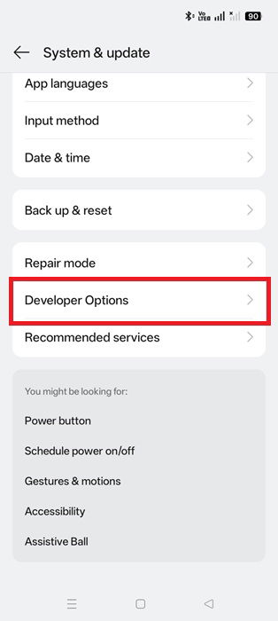 Viewing "Developer options" under "System &amp; update".