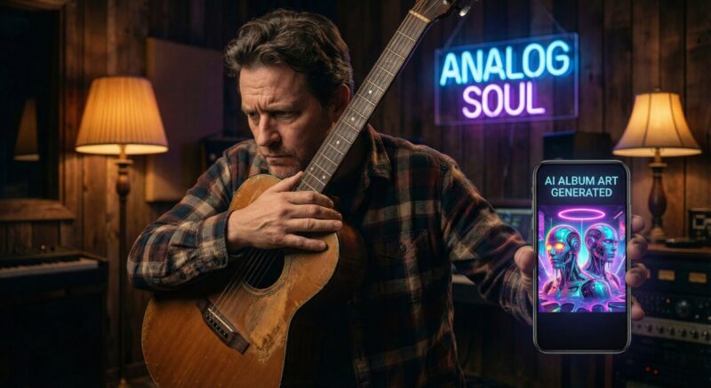 Musician Holding Guitar And Secretly Using Ai Album Art