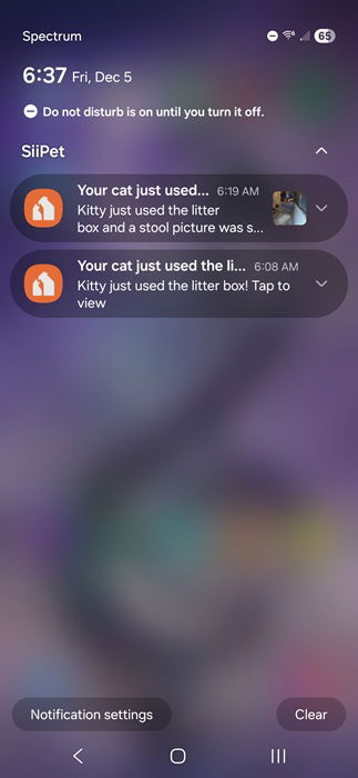 SiiPet LitterLens notifications.