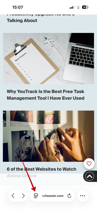 Tapping on stack icon in Safari address bar. 
