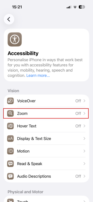 Tapping on "Zoom" option in iPhone Settings. 
