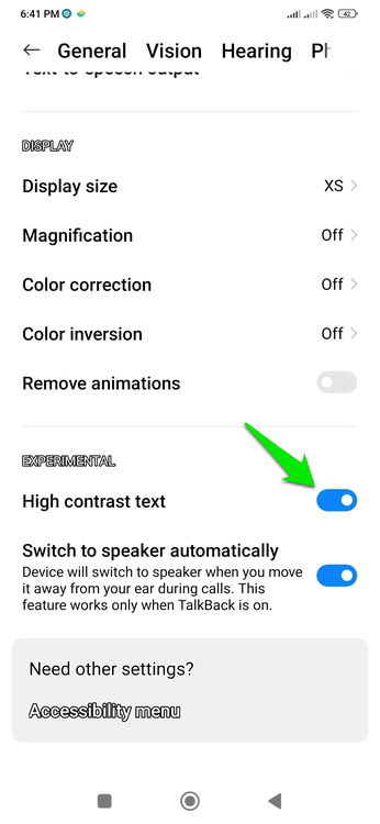 High Contrast Text option in Android accessibility settings