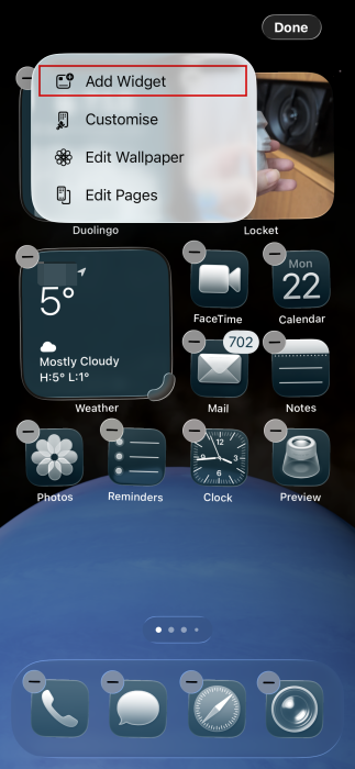 Tapping on "Add widget" button after long pressing on iPhone home screen.