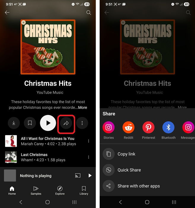 Sharing a YouTube Music playlist.