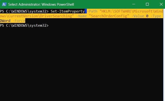 The "SearchOrderConfig" value in PowerShell set to "0" instead of "1"to block automatic driver updates.