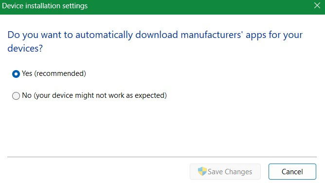 Select "Yes" for Automatically download manufacturer apps for Device installation settings.
