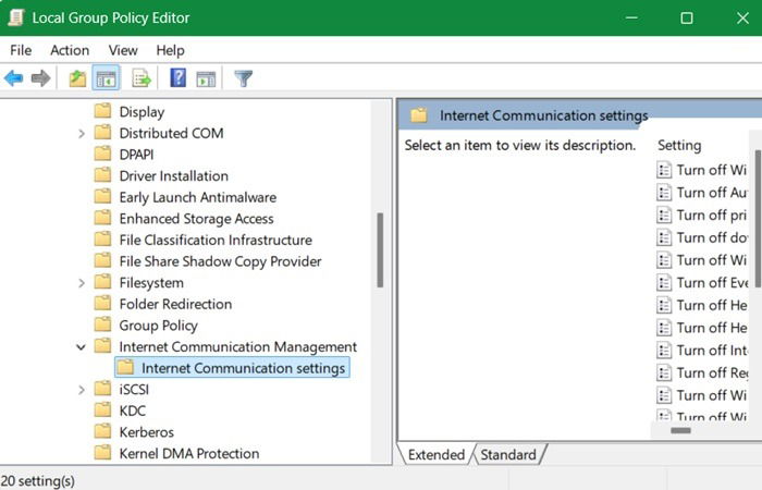 Selecting "Internet Communication Settings" from Local Group Policy Editor.