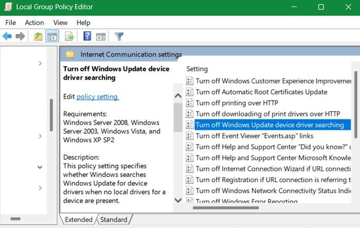 Double click "turn off Windows update device driver searching."