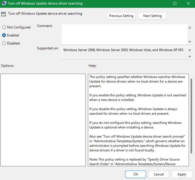 Advanced settings window to enable turning off automatic Windows driver updates in Group Policy.