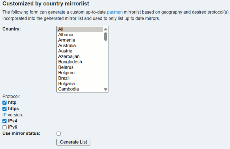 Generating Mirrorlist Via Archlinux Offical Site
