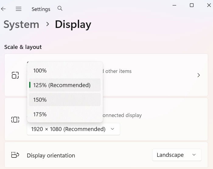 Resizing the scale for a system display to above 125 percent recommended.
