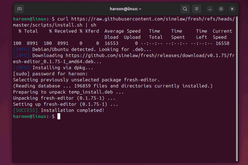 Screenshot Of The Ubuntu Terminal Installing Fresh Terminal Using Script.