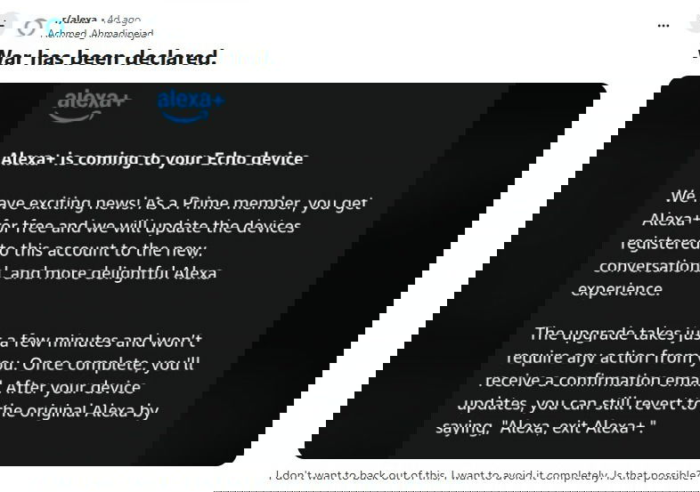 Amazon Alexa Plus upgrade message to Prime users.