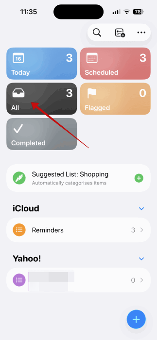 Tapping "All" button in Reminders app on iPhone. 