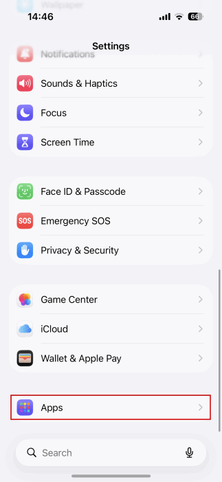 Navigating to Apps in iPhone Settings. 