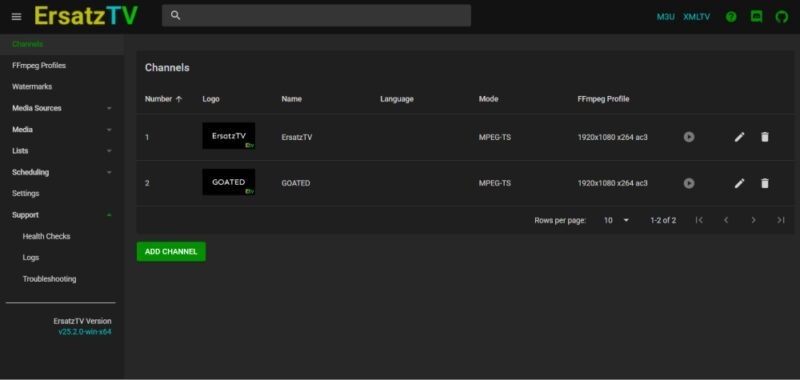 Channels in Ersatztv