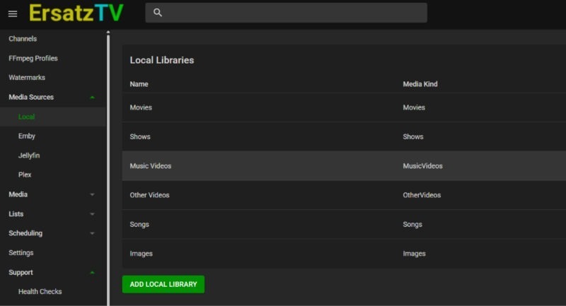 Screenshot showing Ersatztv Media Sources