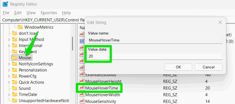 Mousehovertime being set to 20 in the Registry