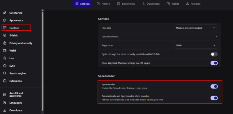 Enabling Speedreader in Brave browser on PC. 