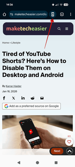 Tapping Reader icon in Chrome tool bar on Android. 