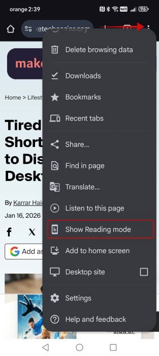Activating "Show Reading mode" from Chrome on Android via menu. 