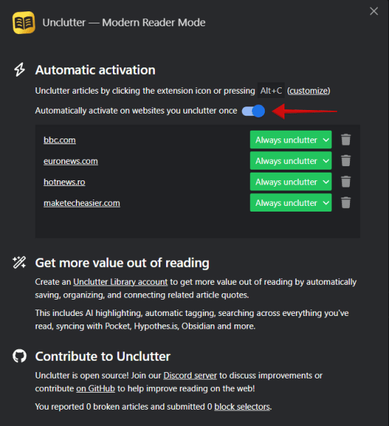Enabling "Automatically activate on webpages you unclutter once" option for Unclutter extension in Chrome.