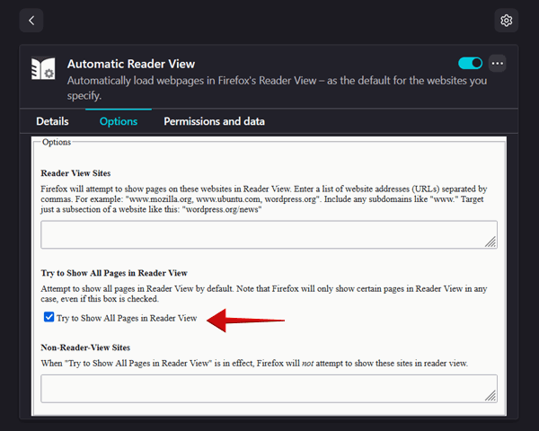 Enabling option to "Try to Show All Pages in Reader View" for Firefox extension on PC. 