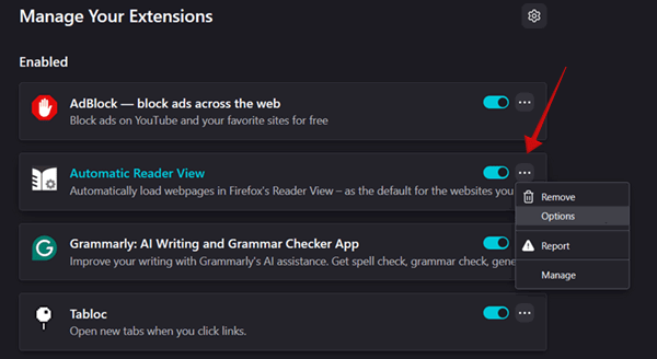 Tapping three dots for specific extension in Firefox on PC. 