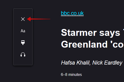 Tapping "X" button to return to normal view for article while using Firefox Reader mode. 