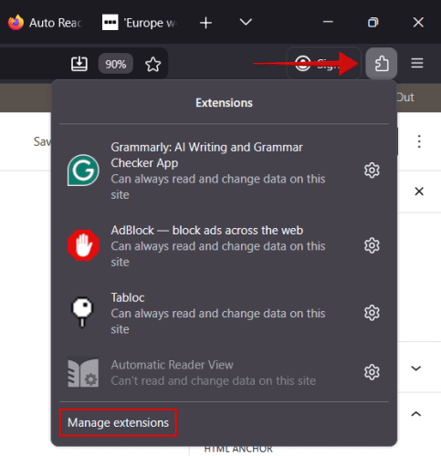 Tapping on "Manage extensions" options in Firefox browser. 