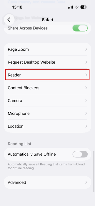Tapping on Reader in Safari settings on iPhone. 