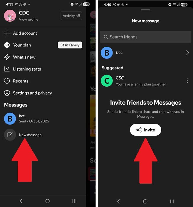 Inviting friends to Spotify messages.