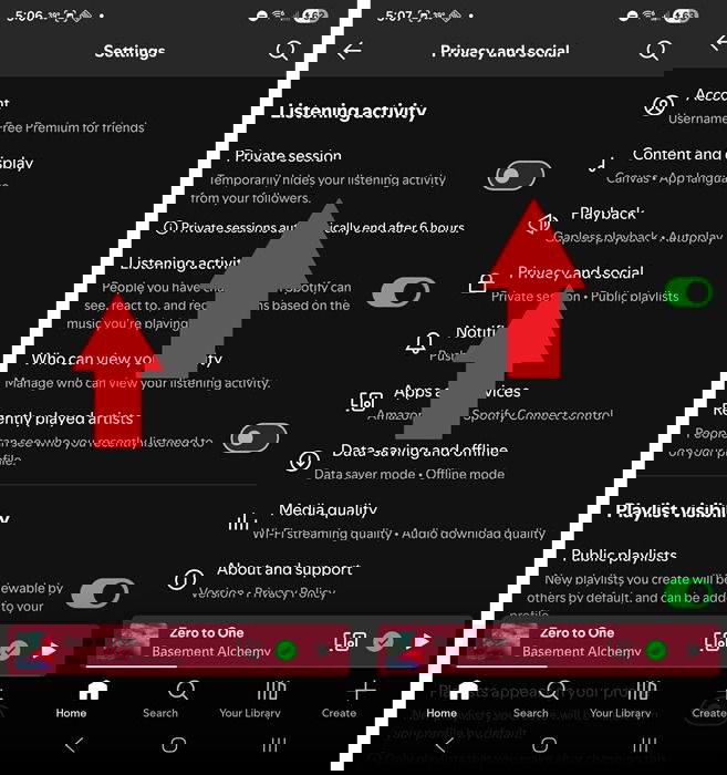 Starting a private session on Spotify.