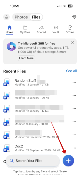 Tapping on plus button in OneDrive app on Android.