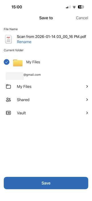 Saving scanned file in OneDrive app on iPhone. 
