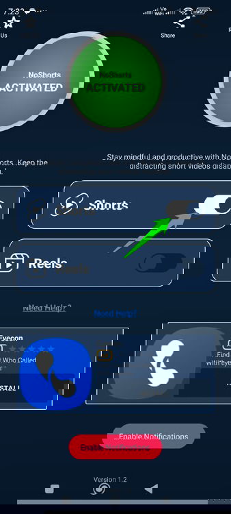 Enabling sshort blocking in No Shorts App