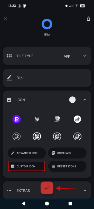 Picking icon for new custom tile when using Tile Shortcuts app on Android. 
