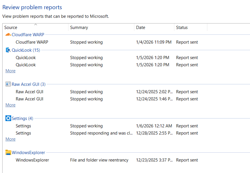 Reliability Monitor Report of all problematic apps