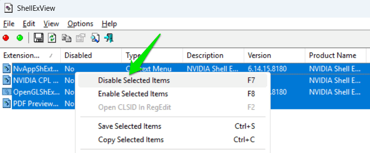 Disabling context menu items in ShellExView