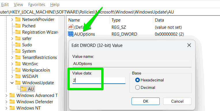 Registry value to Stop Automatic update Download in Windows
