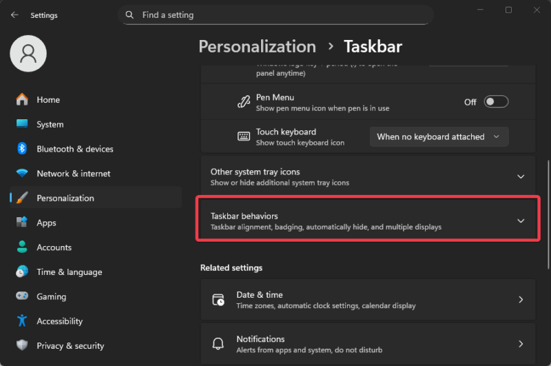 Taskbar Behaviors In Settings