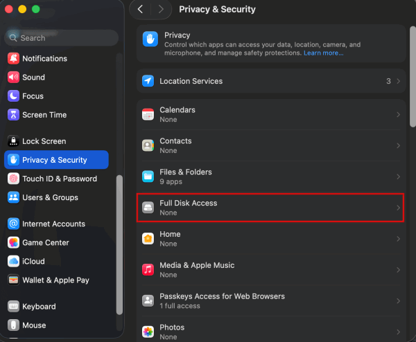 Accessing "Full Disk Access" via "Privacy & Security" in macOS System Settings.