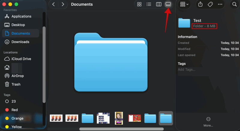 Gallery view for a folder showing size in right panel on macOS.