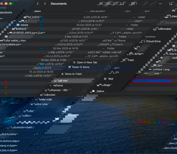 Clicking on "Get info" option in context menu for folder on macOS.