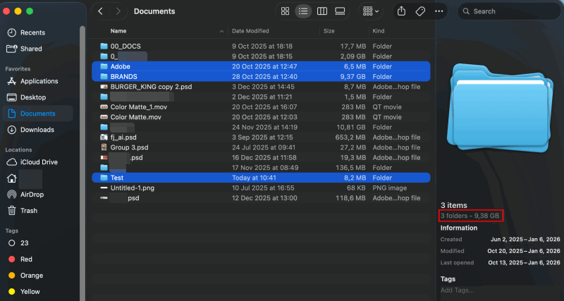 Multiple folder sizes combined view on macOS.