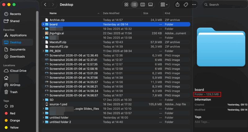 Viewing folder size in Preview View on macOS.